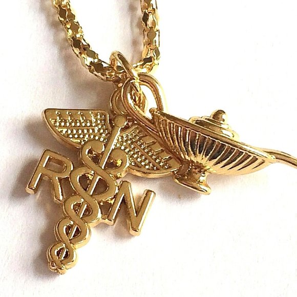 Florence Nightingale Lamp Nursing Caduceus Necklace Graduation Gift RN Gold Tone - Picture 2 of 10